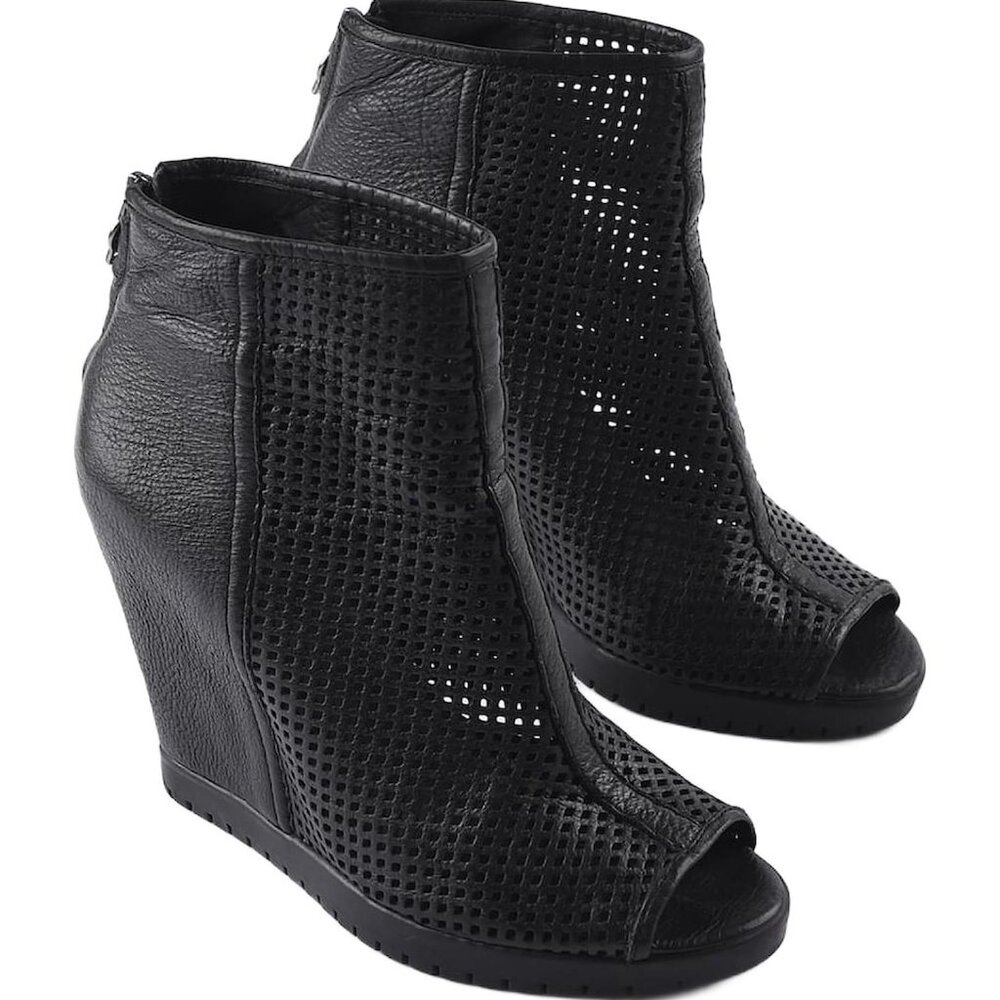 ASH Black Perforated Leather Open Peep Toe Booties Wedges Heels 8 (38.5)